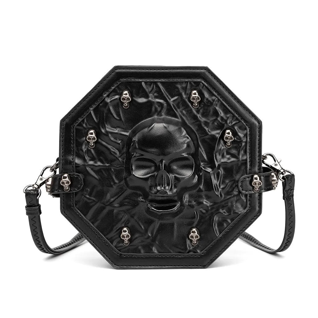 Black embossed Halloween messenger bag with three-dimensional front pocket and crossbody strap