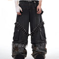 Men's grey camouflage pattern jeans with splicing structure and ribbon detailing