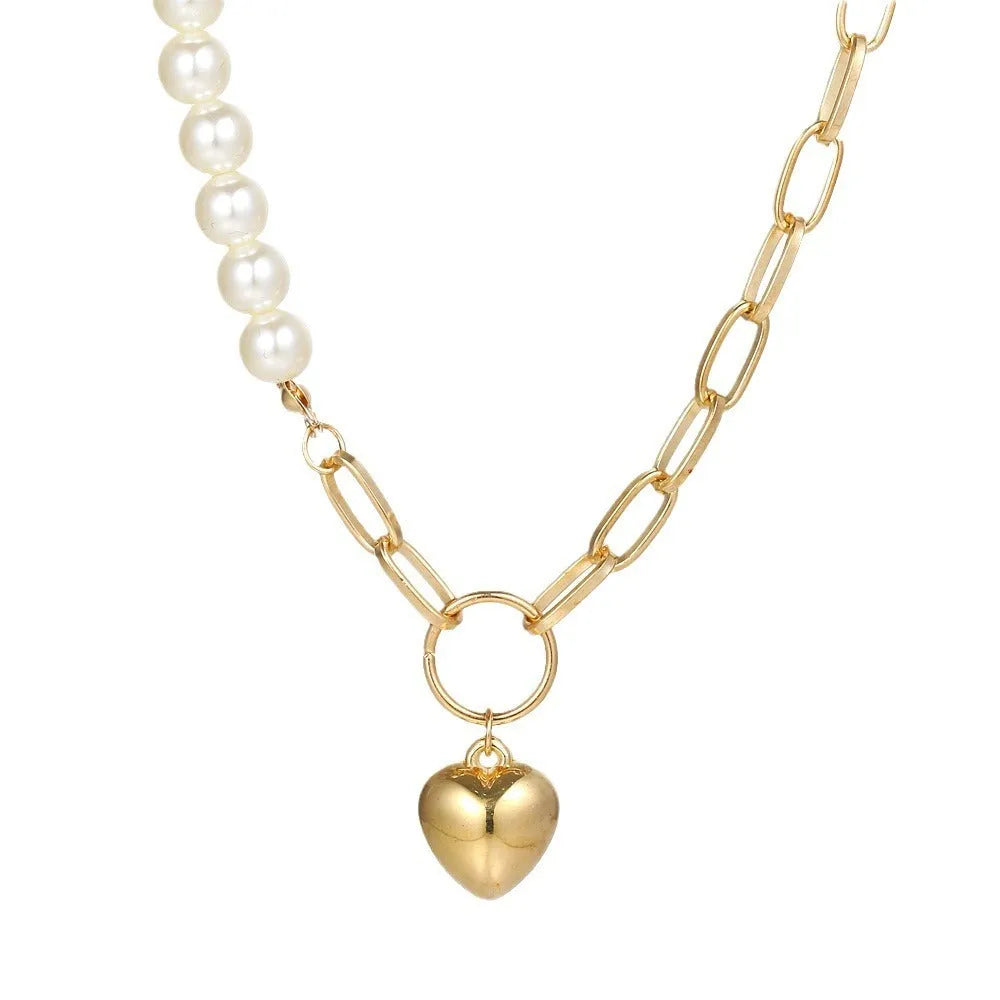 Love alloy clavicle chain for women handmade imitation pearl heart shape pendant with tassel on adjustable chain