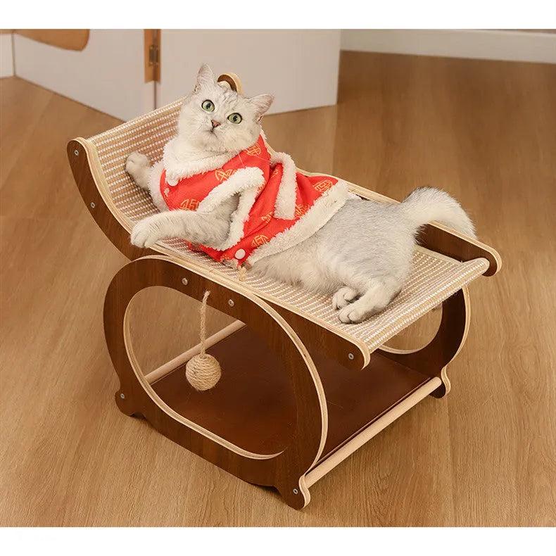 Solid wood base sisal scratching mat for cats in walnut colour on a wooden floor.