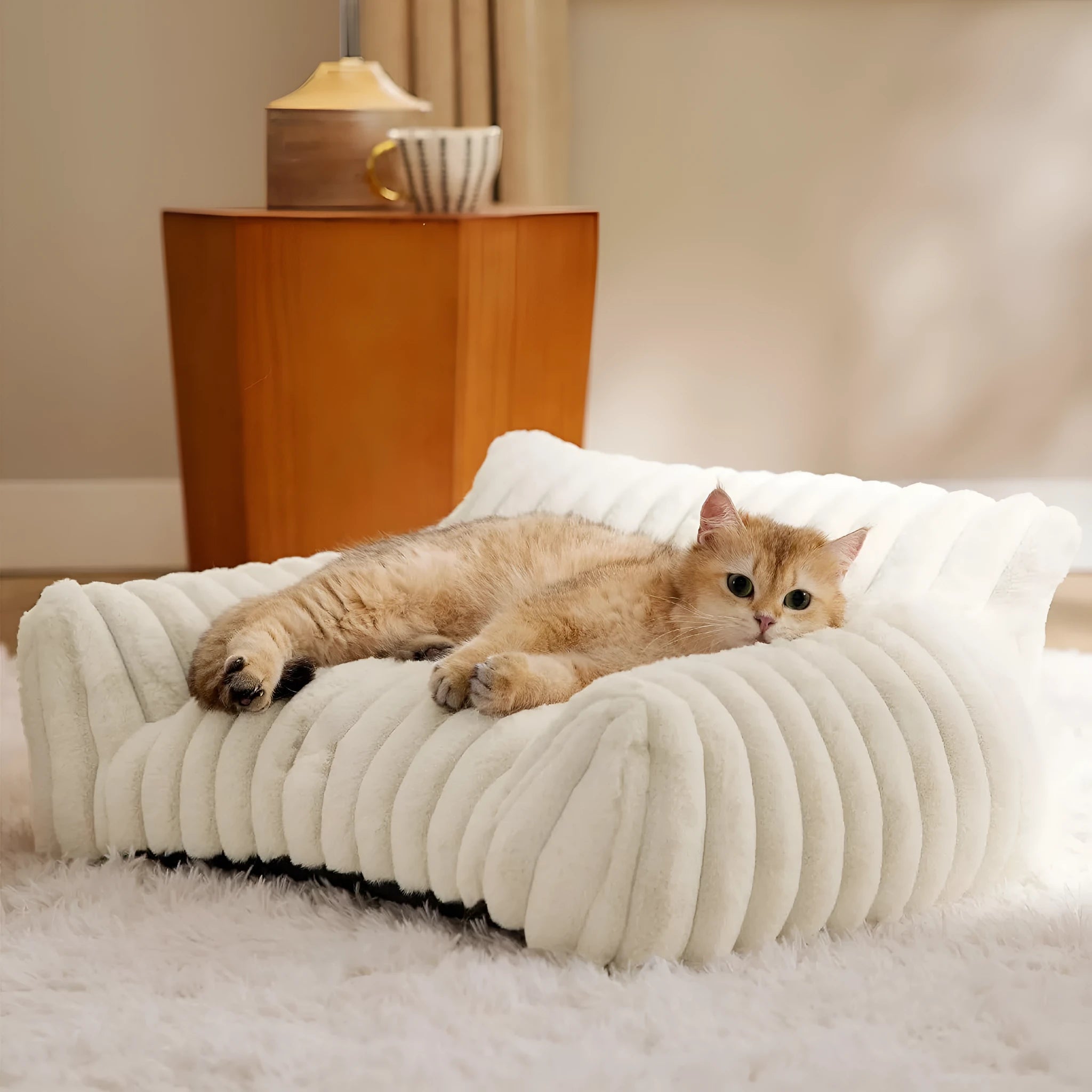 Bedsure corduroy fleece cat couch pet sofa with removable cover in beige colour