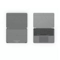 Grey folding Bluetooth keyboard shown open next to a mobile phone.
