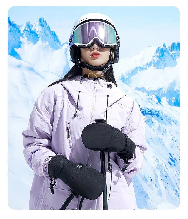 Black windproof touch screen cycling mittens on a handlebar.