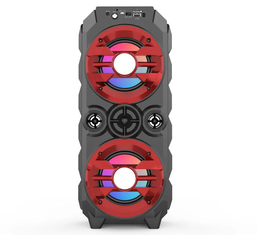 Portable Bluetooth speaker with colour lights and pull-rod handle in blue, red, or silver grey finish