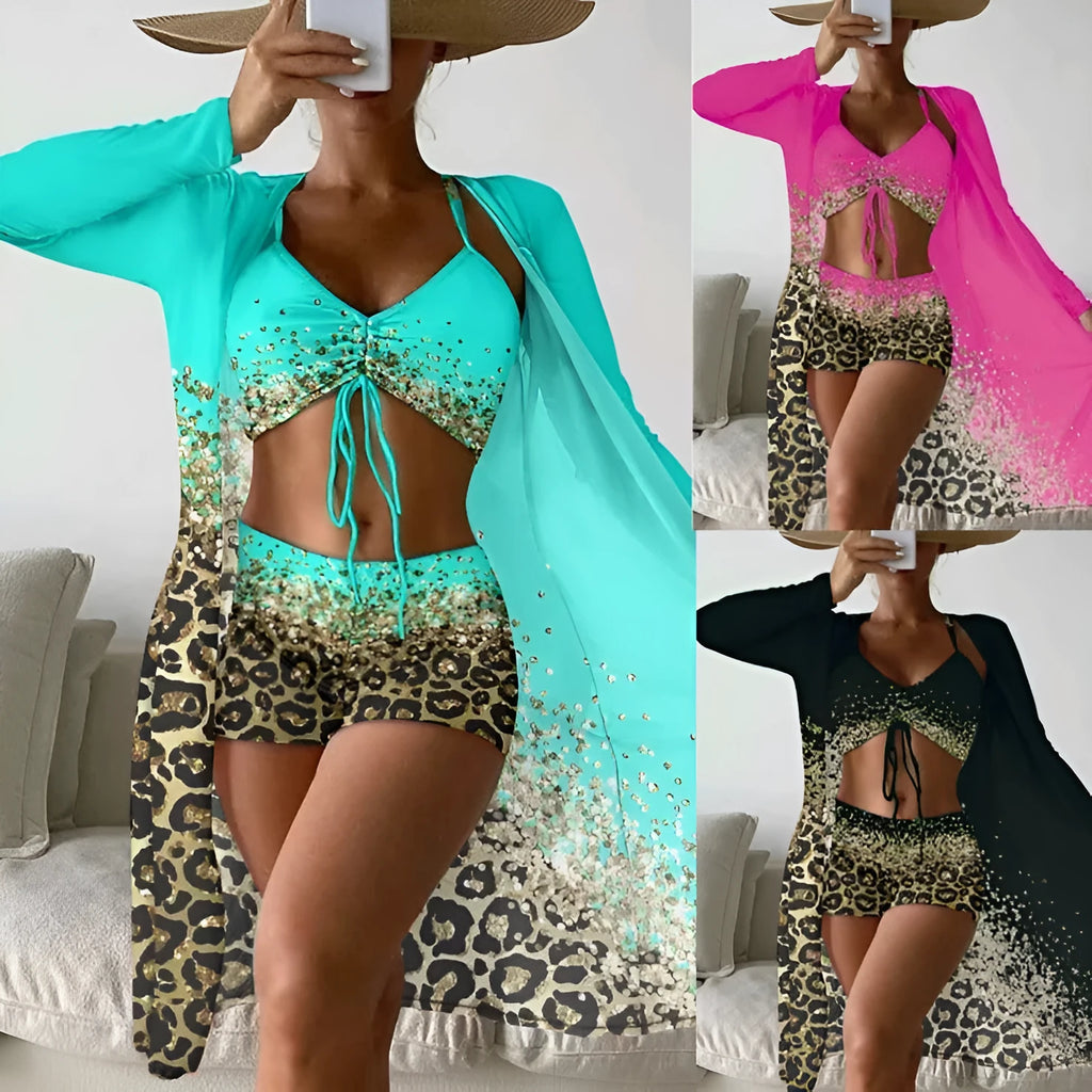 Women's lake blue polyester swimsuit set with high-waisted briefs, sleeveless top, and matching coat.