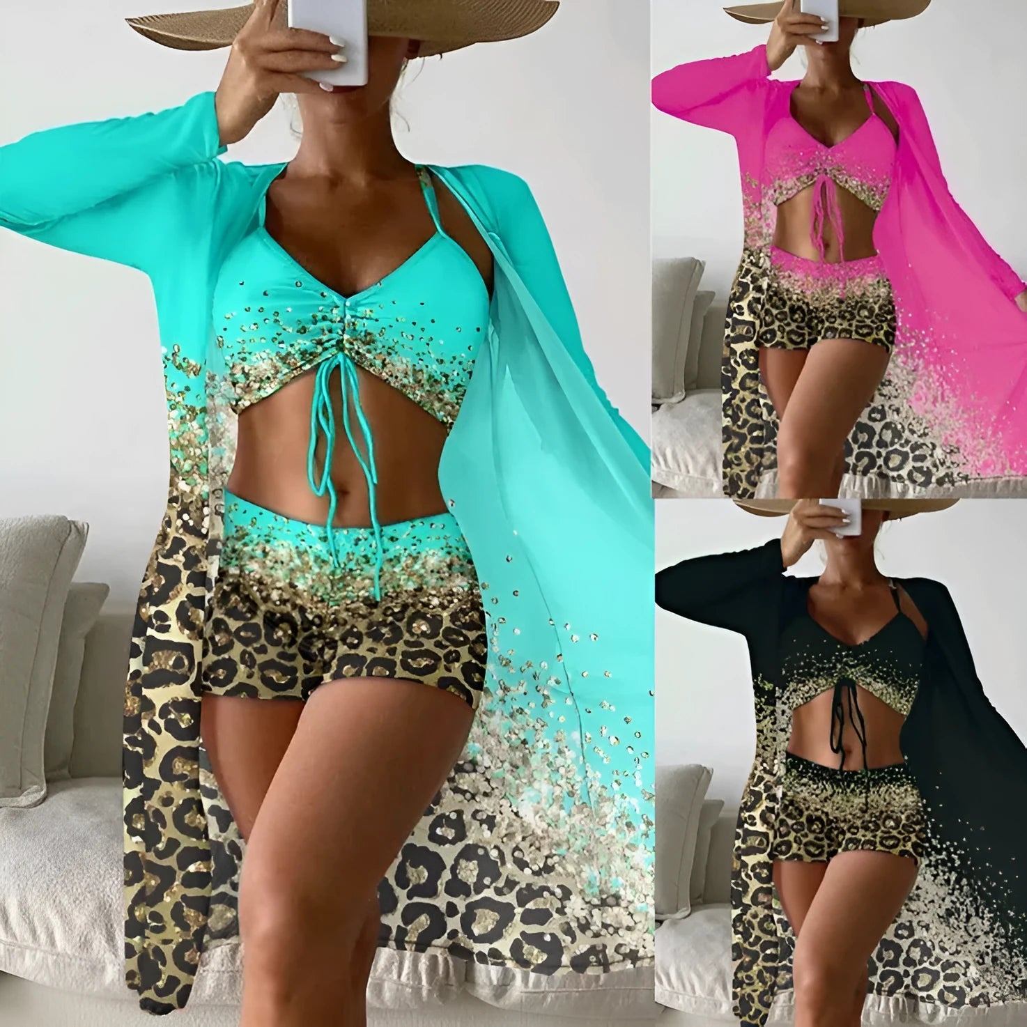 Women's lake blue polyester swimsuit set with high-waisted briefs, sleeveless top, and matching coat.