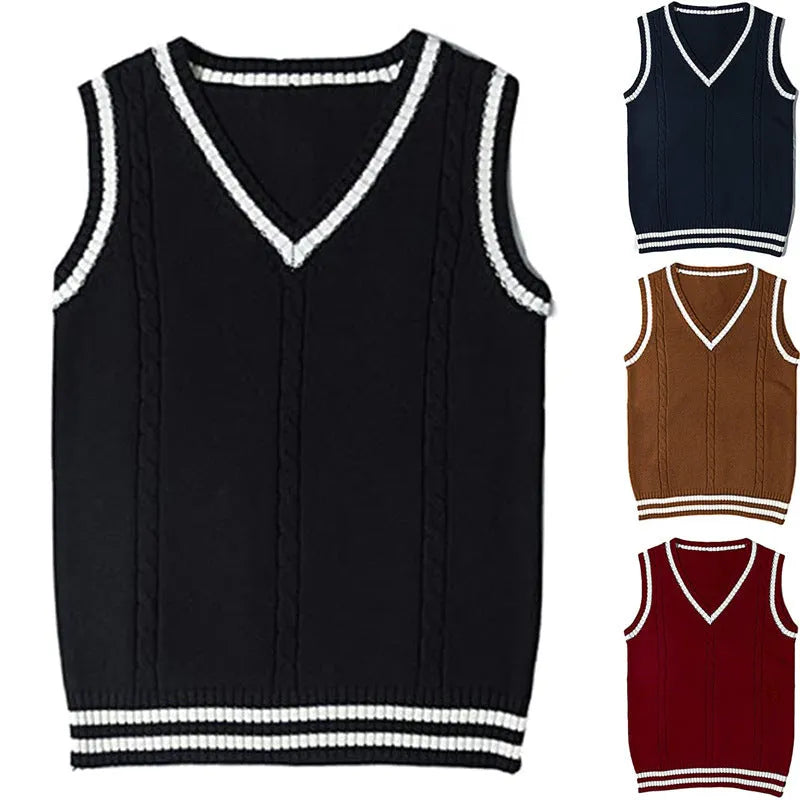 Women's V-neck striped stitching waistcoat sweater in slim fit acrylic knit
