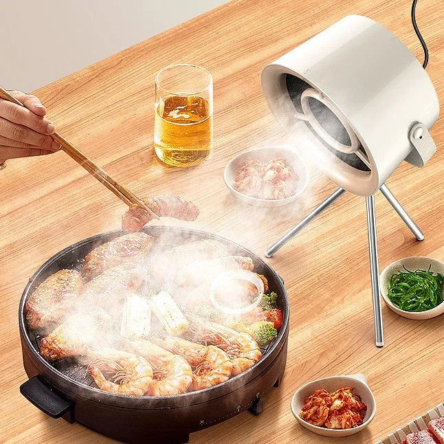Milk white portable desktop exhaust fan with USB cable and removable filter on a kitchen countertop
