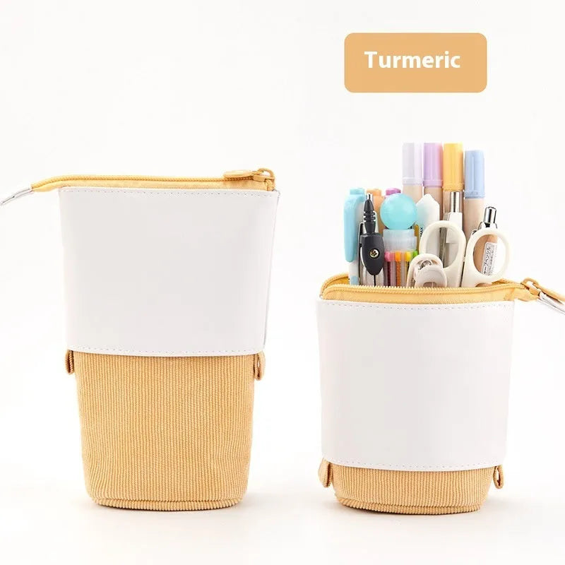 Purple PU corduroy drop-down telescopic stationery case on a desk