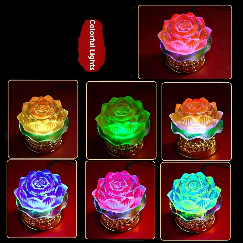 Yellow Chinese style lotus lamp on a table, showing flower bud and flowering design options.