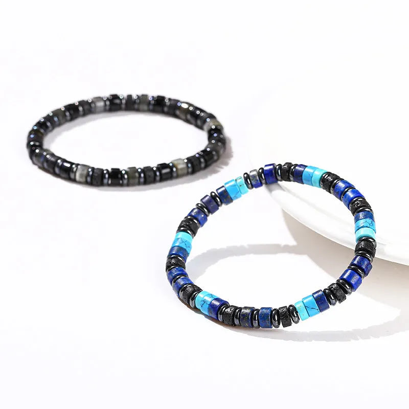 Unisex haematite bracelet with 6mm geometric spacer beads and blue pine lapis lazuli interval stones.