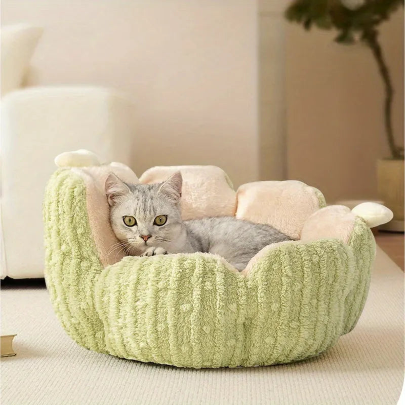 Green cactus-shaped cat litter kennel with soft plush fabric for pets
