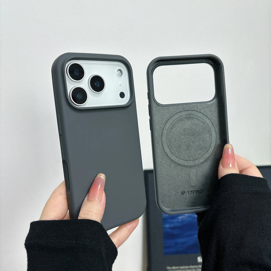 Magnetic liquid silicone iPhone case with Ai button for iPhone 12, 13, 14 models in antique white colour.