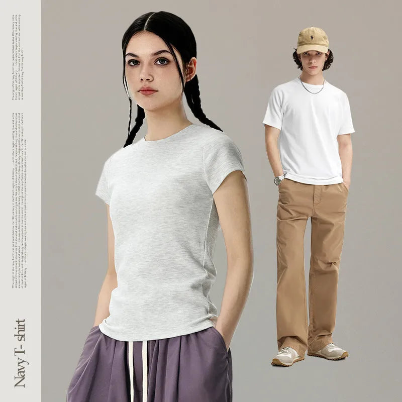 Navy slim fit stretch t-shirt vest on a model, showing the cotton-rayon-spandex fabric blend.