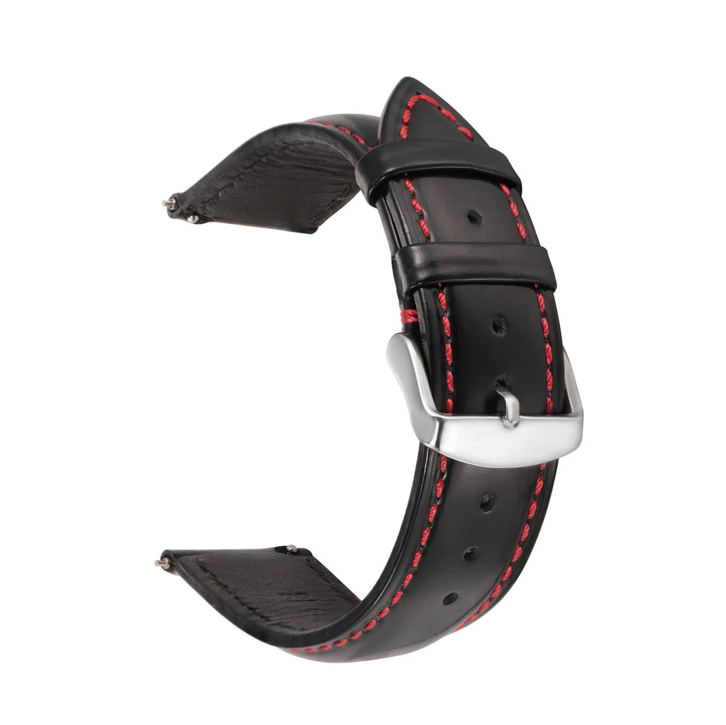 Quick release cowhide leather watch strap shown in black and dark brown colours on a watch case.