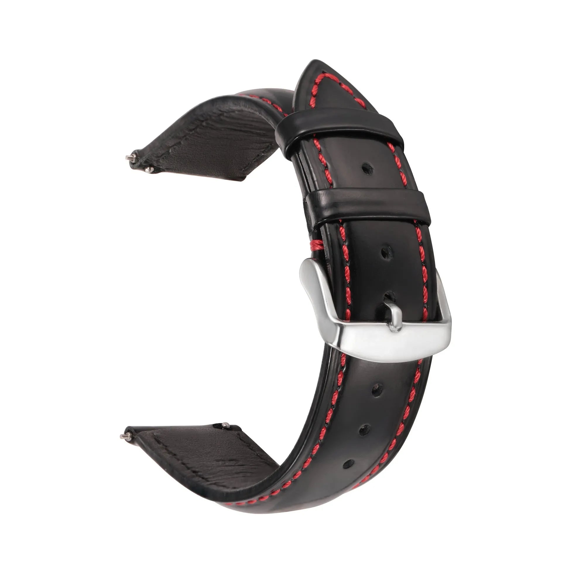 Quick release cowhide leather watch strap shown in black and dark brown colours on a watch case.