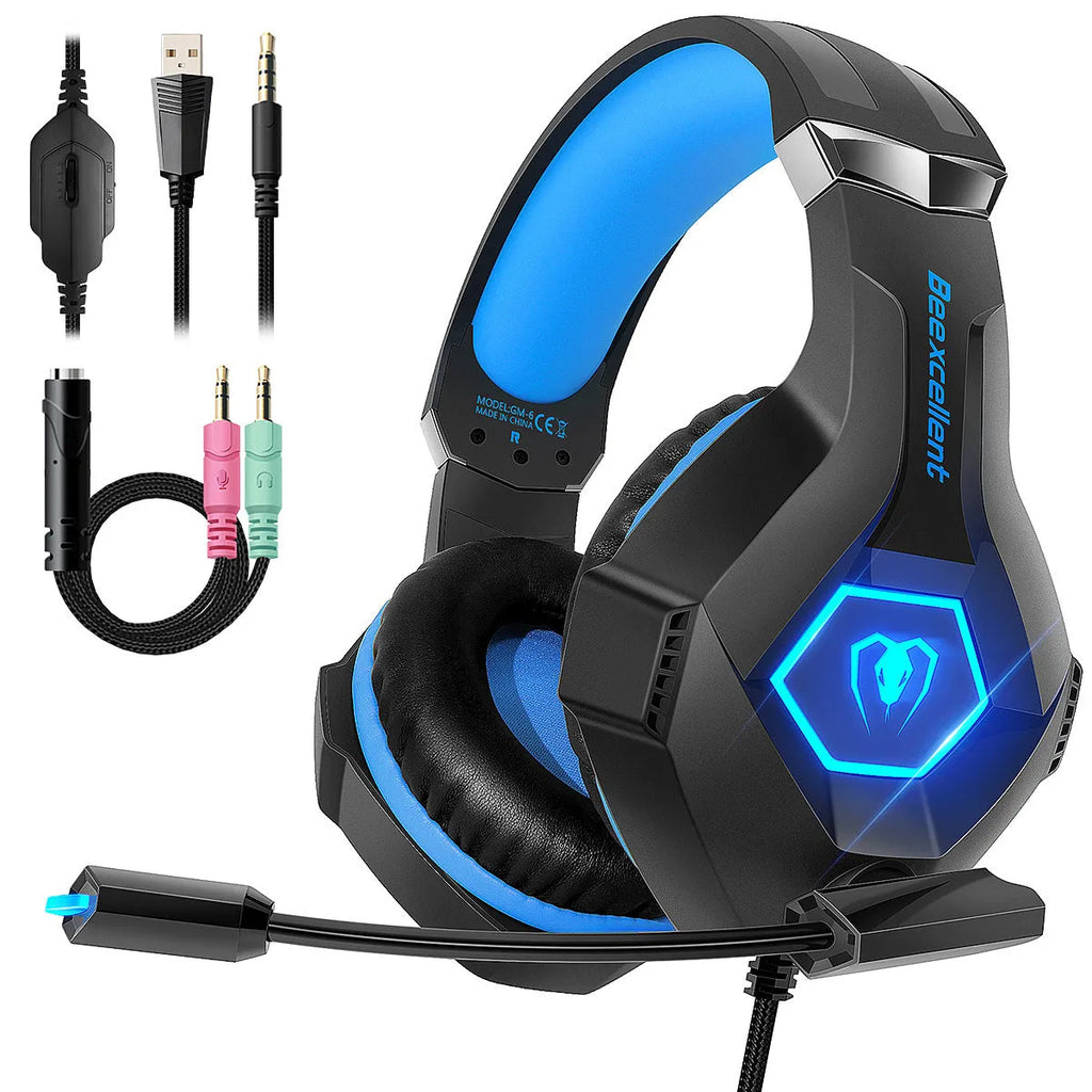 Luminous Gaming Headset with microphone and LED lights in black with blue accents