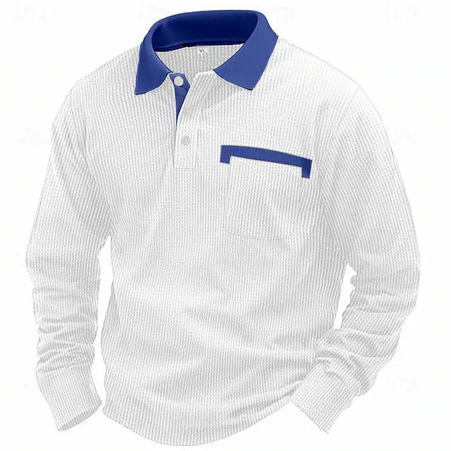 Men's long-sleeved waffle polo shirt in a solid colour with an asymmetrical retro style detail.