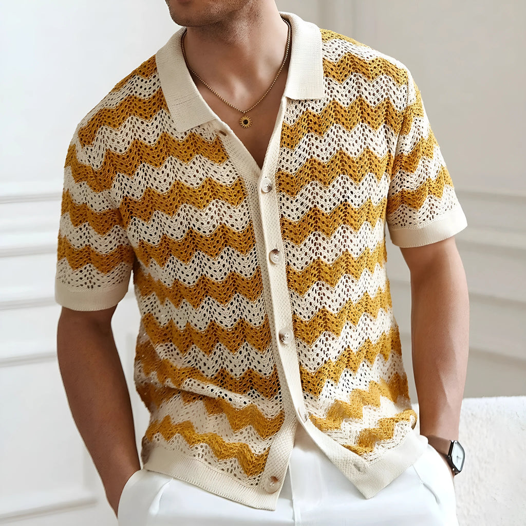 Yellow short sleeve sweater with a textured hollow jacquard corrugated pattern and flocking detail.