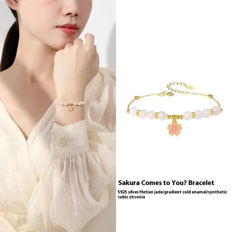 Pink S925 silver bracelet with cherry blossom pendant and Hetian jade beads