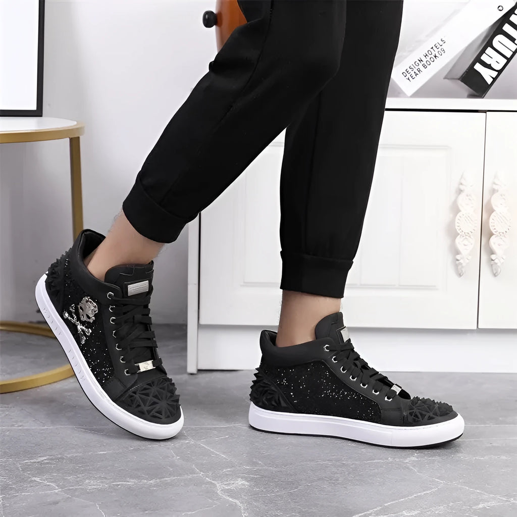 Men's black genuine leather high top skeleton shoes with red accents and a lace-up front.