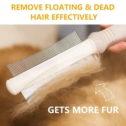 White 2 in 1 dog cat deshedding brush with curved comb and anti-slip handle measuring 230x60mm