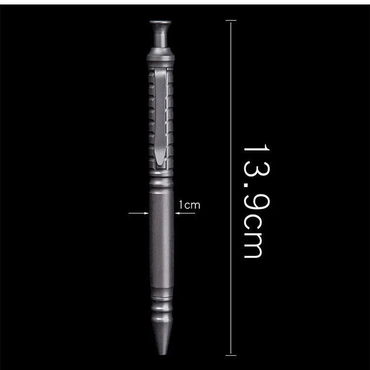 Gunmetal grey titanium tactical pen with push-action mechanism and 0.5mm nib