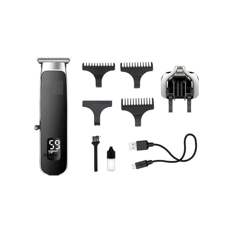 USB charging electric clipper with digital display and double cutter head, includes T-blade and carving cutter
