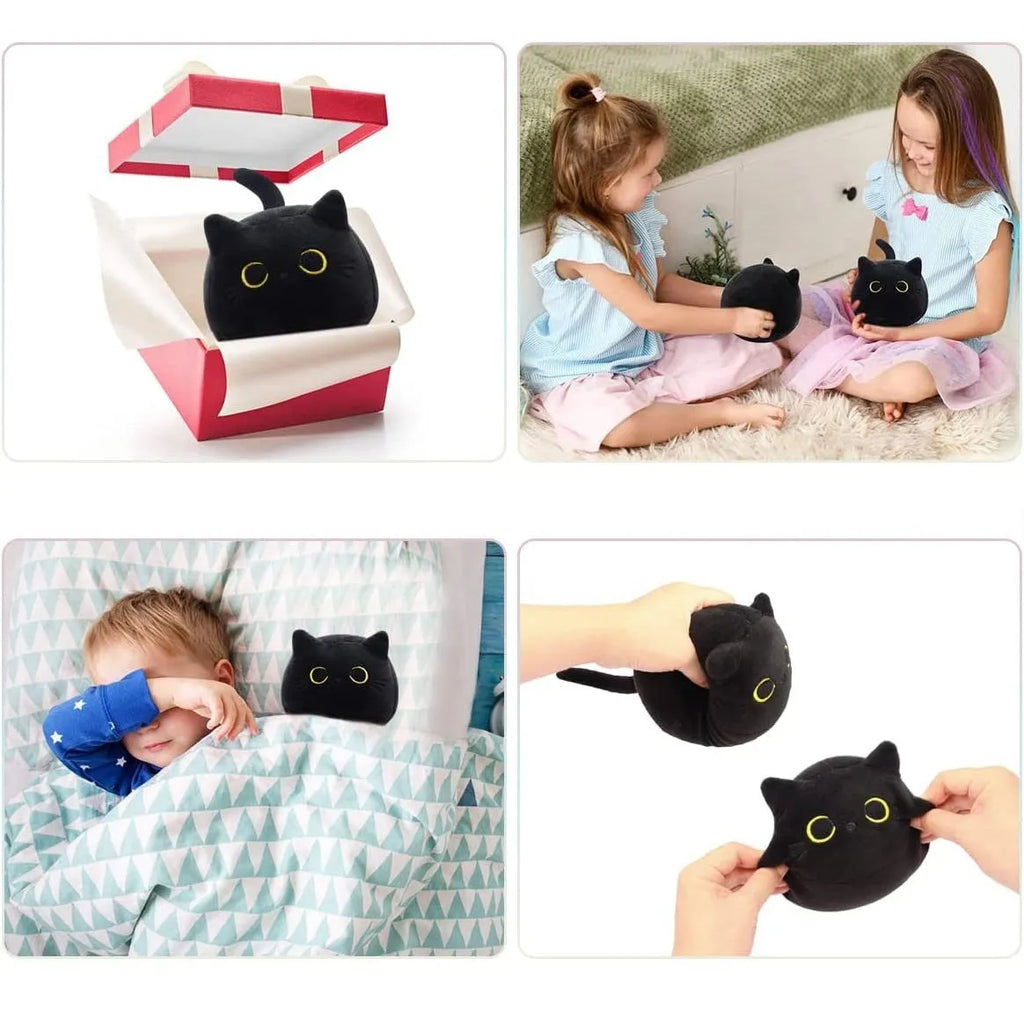 Fluffy black cat plush toy stuffed animal pillow cushion on a neutral background