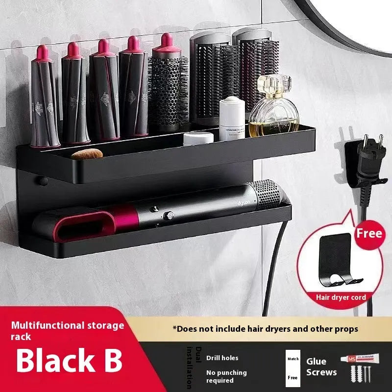 White double-layer aluminium wall rack holding hair curlers, mounted punch-free on a tiled bathroom wall.