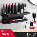 White double-layer aluminium wall rack holding hair curlers, mounted punch-free on a tiled bathroom wall.