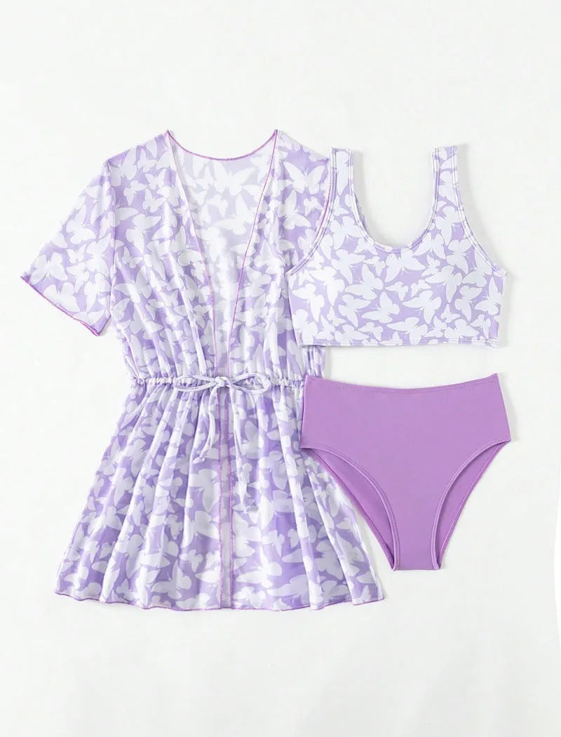 Girls' three-piece polyester swimsuit set in colour 3218, sizes 8Y-12Y.