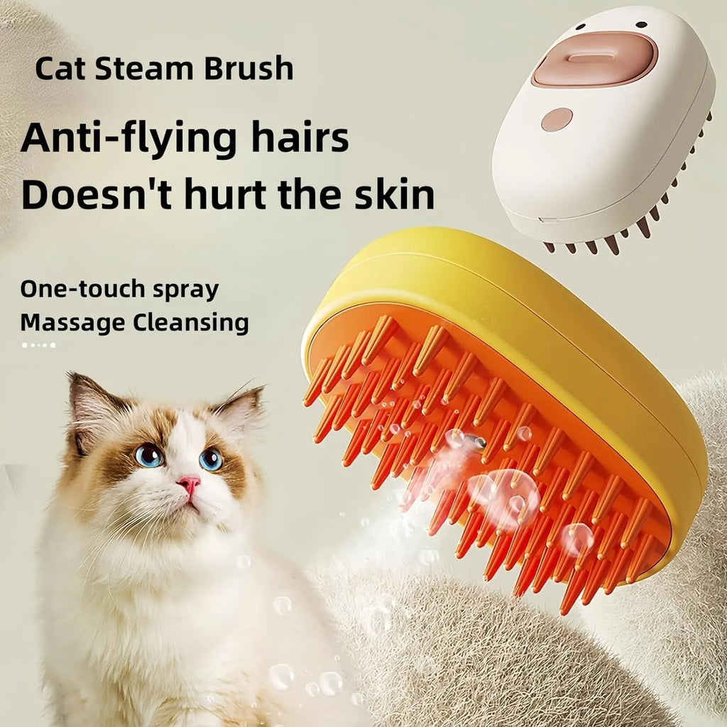 White pet steam brush with silicone comb teeth and water tank for dog and cat grooming