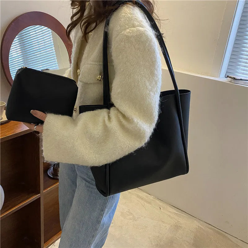 Casual large capacity PU tote bag for women in khaki with included wallet
