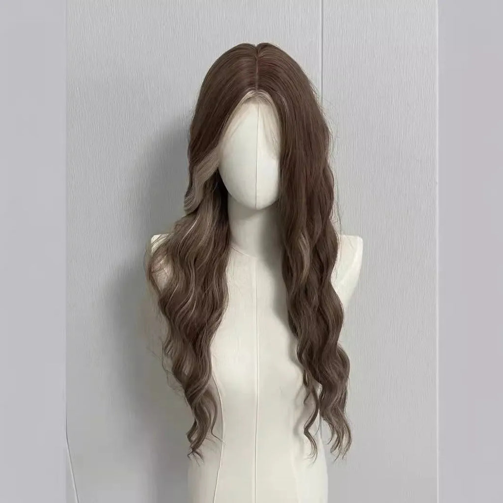 Long curly gray golden highlight lace front wig on display