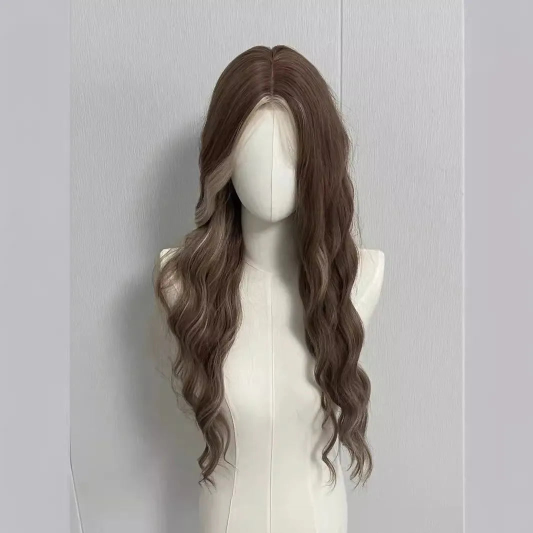 Long curly gray golden highlight lace front wig on display