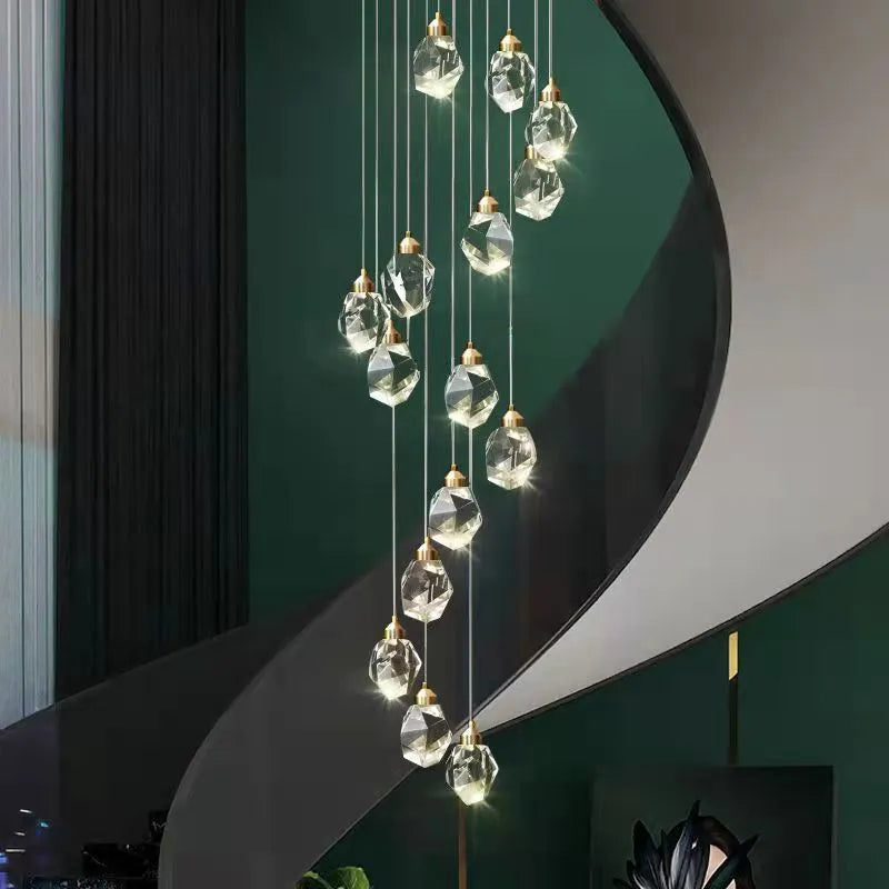 Duplex stair long crane crystal chandelier ceiling lamp with dimmable three-colour lighting