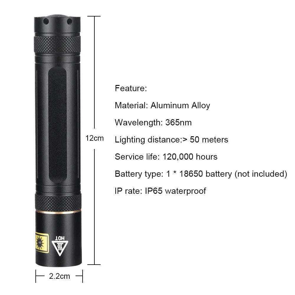 Y36 365nm UV fluorescence detection torch with aluminium alloy housing for professional and home use applications