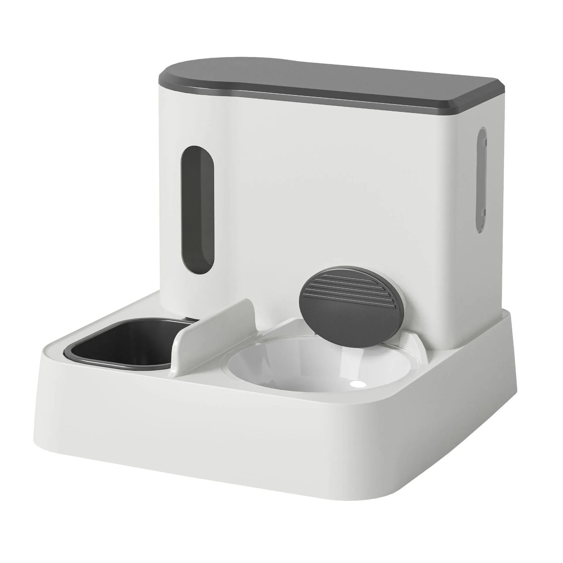 Automatic cat feeder with integrated water dispenser and double bowl system in grey colour