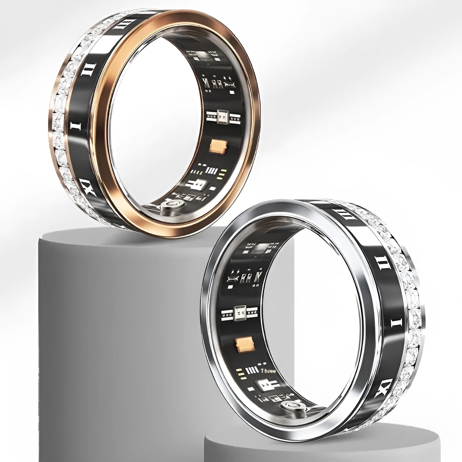 Diamond inlaid smart ring in silver and gold colours showing blood oxygen monitoring functions