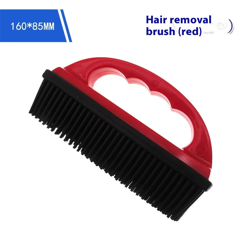 Red handheld pet hair removal brush for grooming and carpet cleaning, shown at 160mm by 85mm.