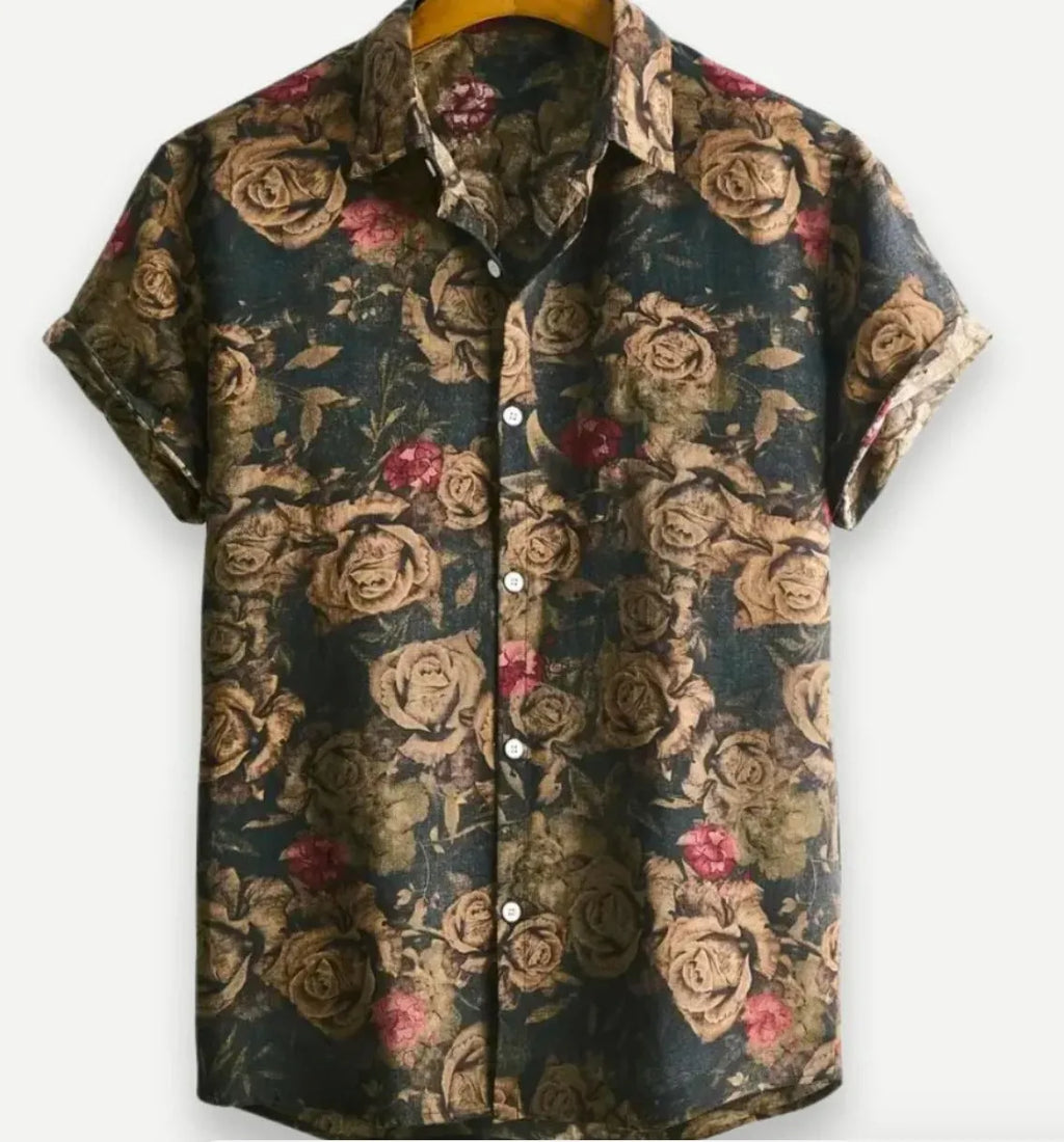 A Hawaiian floral print short sleeve shirt cardigan with a lapel collar, shown in a vibrant colour.
