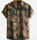 A Hawaiian floral print short sleeve shirt cardigan with a lapel collar, shown in a vibrant colour.