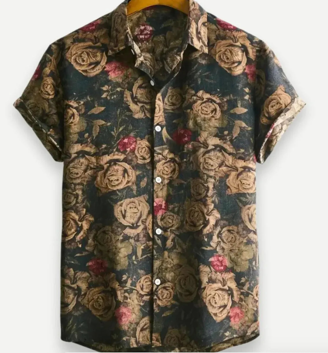 A Hawaiian floral print short sleeve shirt cardigan with a lapel collar, shown in a vibrant colour.