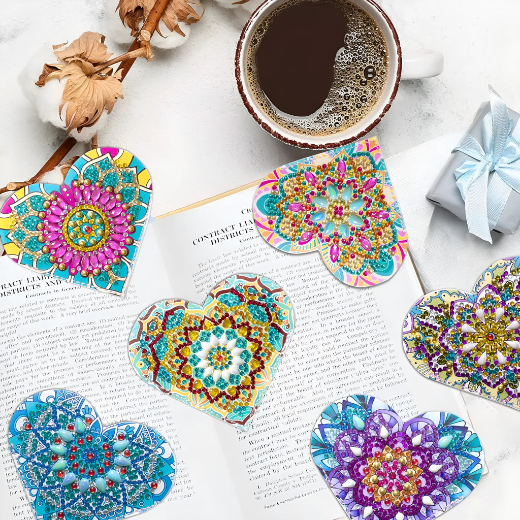 Set of six PU leather handmade bookmarks with stick-on crystals and flower cornerite design.