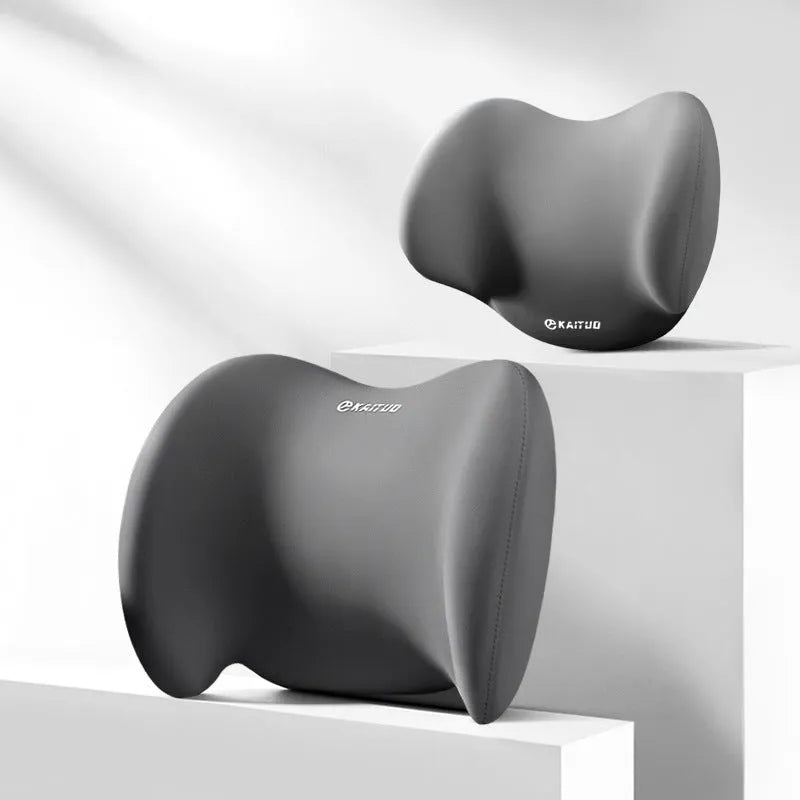 Grey geometric pattern car headrest and lumbar support pillow set made with memory foam and cotton.