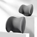 Grey geometric pattern car headrest and lumbar support pillow set made with memory foam and cotton.