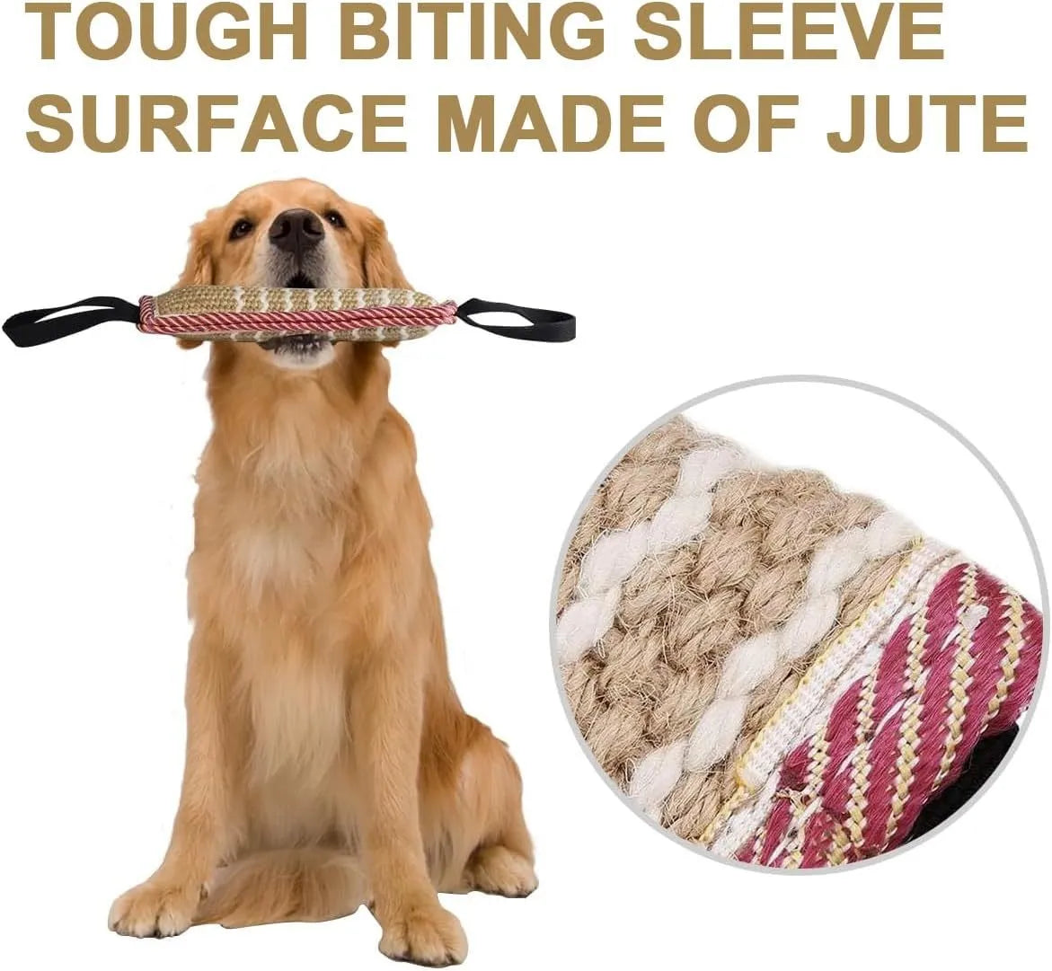 Beige and pink jute dog tug toy with two fabric handles for interactive play.