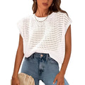 White loose-fit women's pullover sweater with crochet-style cover-up sleeves and a round neck.