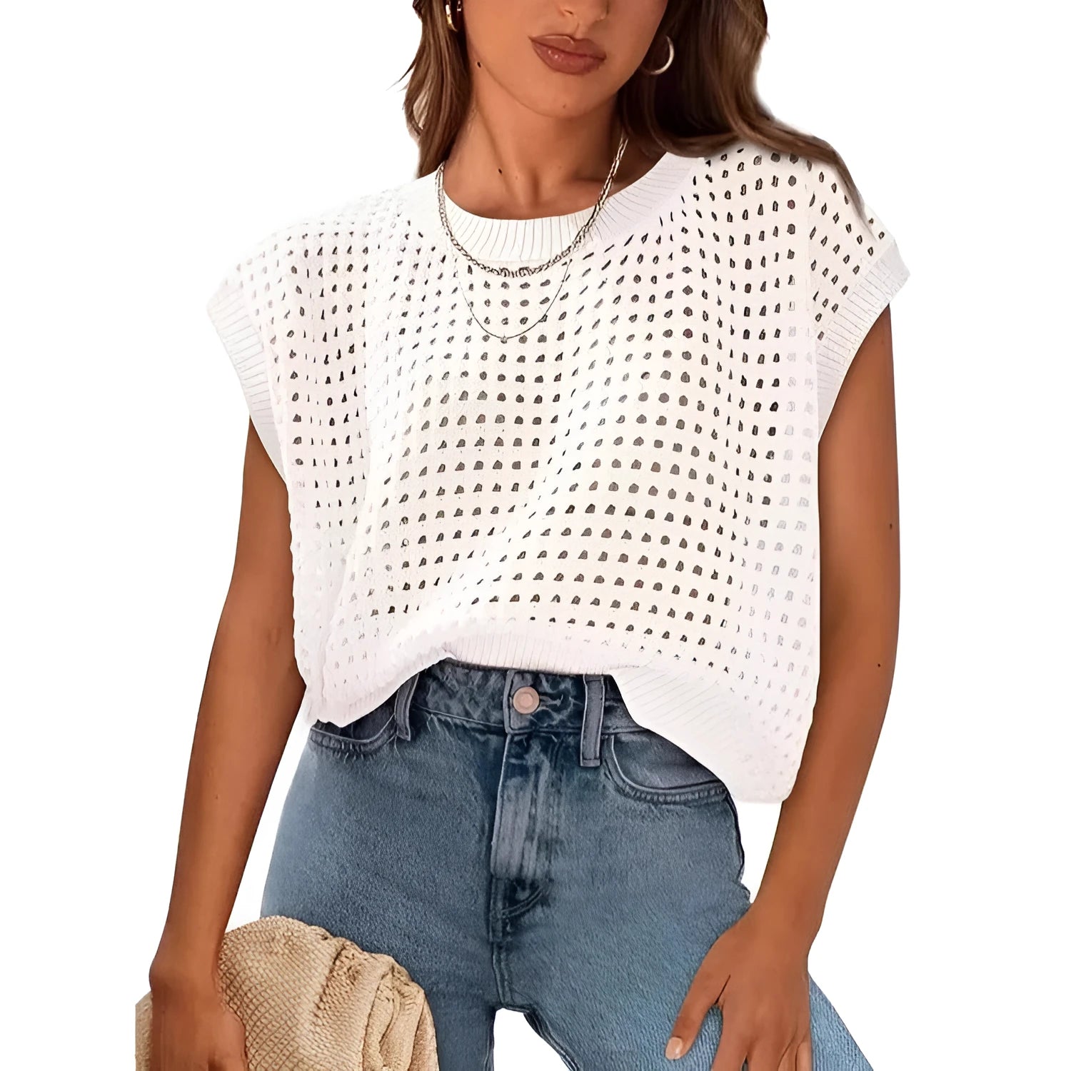 White loose-fit women's pullover sweater with crochet-style cover-up sleeves and a round neck.